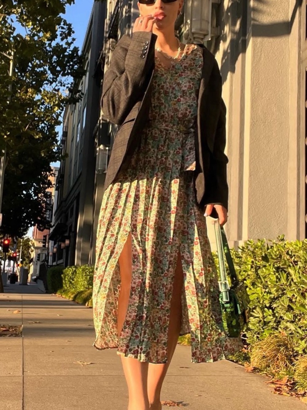 Sandro Floral V-Neck Midi Dress in Green and Pink